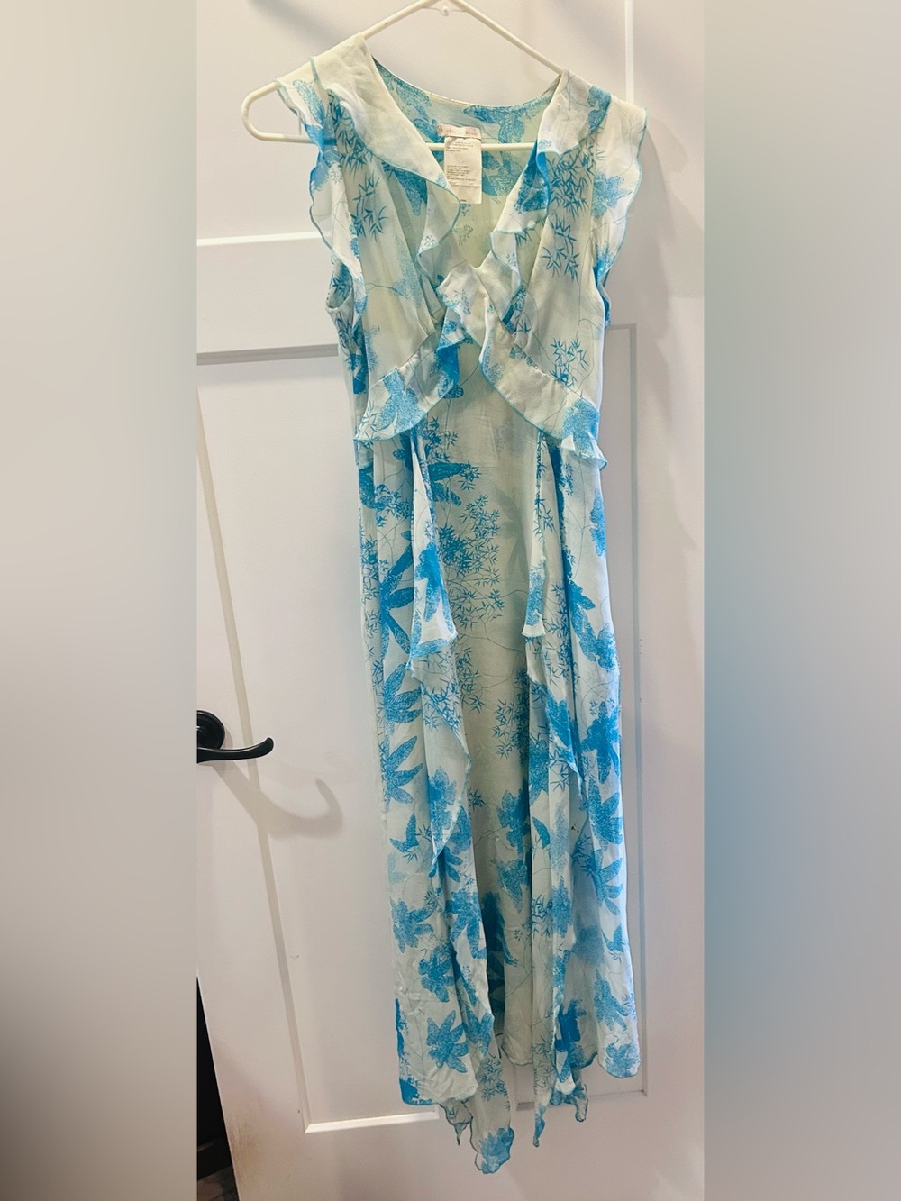 Light Blue Silk Floral Ruffled Maxi Dress made in France